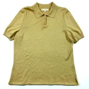 St John Santana Knit Collared Sweater Short Sleeve Gold Metallic